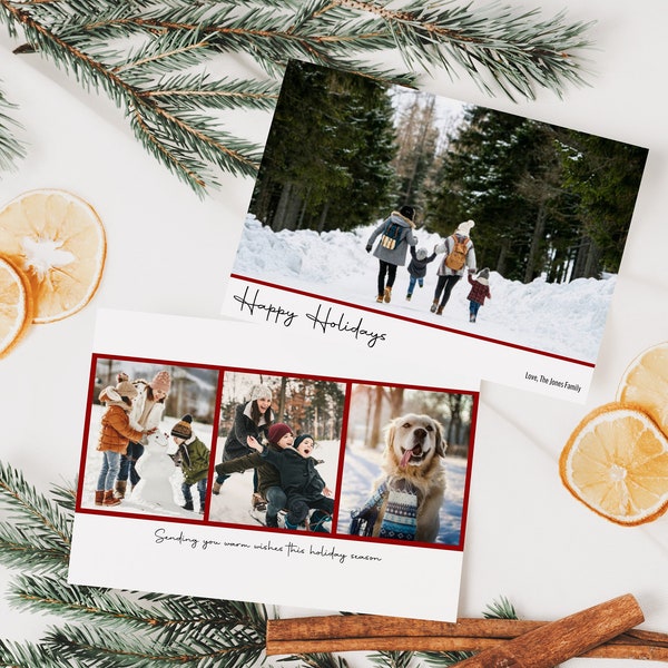 Happy Holidays Card Template, Printable Minimalist Christmas Card, Editable Simple Holiday Card With Photographs Instant Download