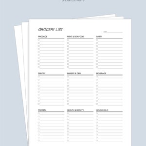 May include: A printable grocery list with checkboxes for organizing items by category. Categories include produce, meat & sea food, dairy, pantry, bakery & deli, beverage, frozen, health & beauty, and household.