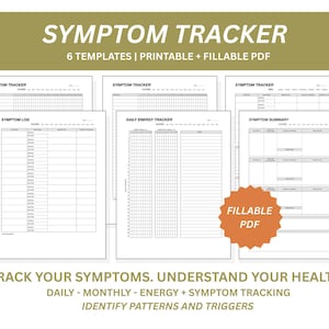 Pode incluir: Um conjunto de modelos imprimíveis de rastreamento de sintomas. Os modelos incluem registros de sintomas, rastreadores de energia diários e resumos de sintomas. O texto na imagem diz "Symptom Tracker" e "Fillable PDF".