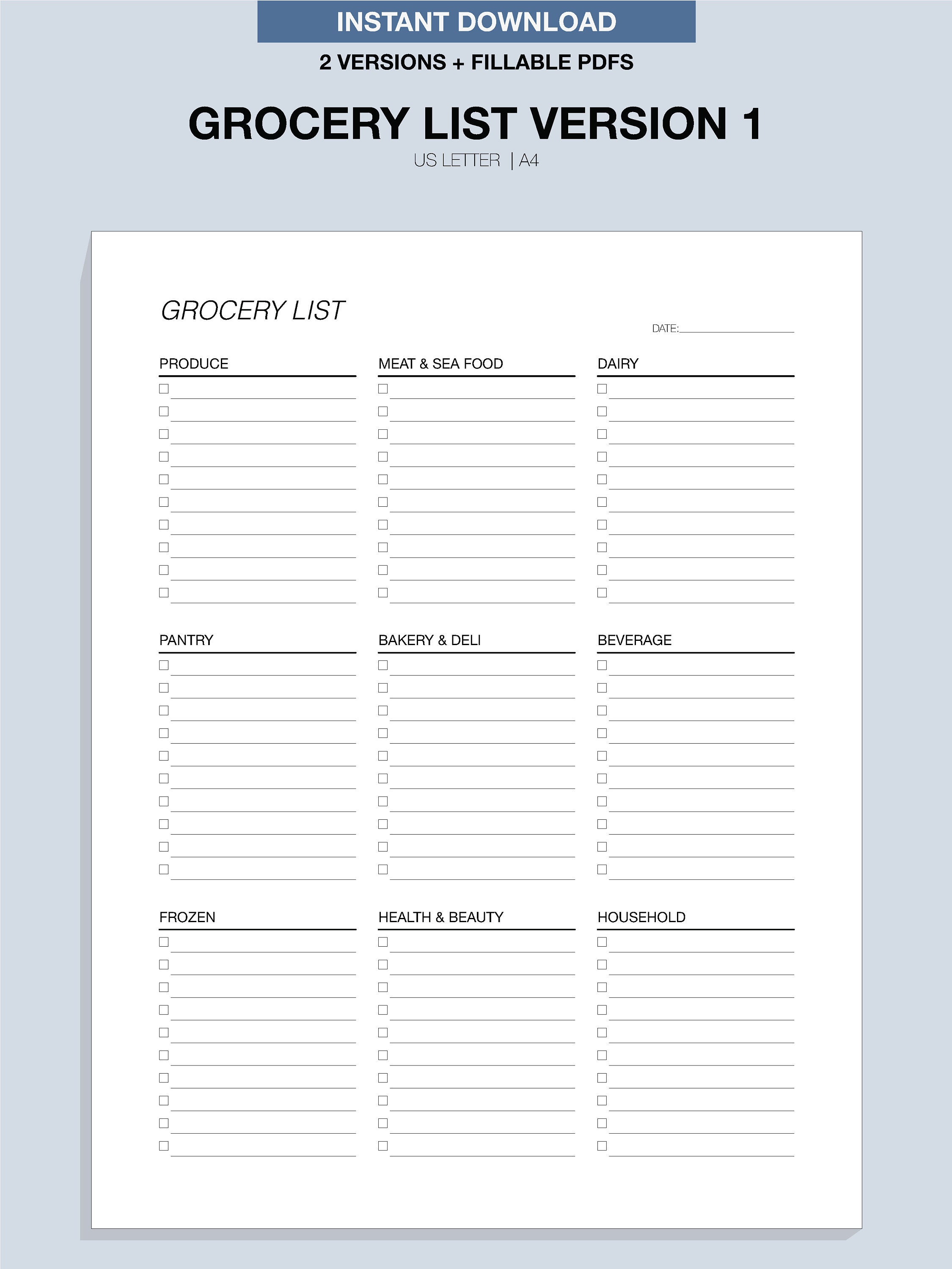 Fillable Grocery List Template – Weekly Meal Planner (PDF Download, US ...