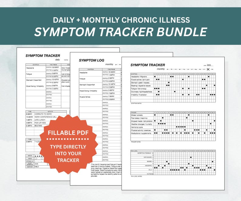 Chronic Illness Symptom Tracker Bundle — Daily, Monthly & Energy Logs