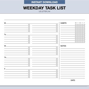 Printable Weekday Task List Planner for Organized Productivity, Minimalist Design