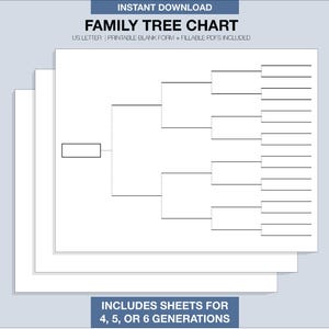 Puede incluir: Una pila de plantillas imprimibles de árbol genealógico blanco sobre un fondo azul claro. Los gráficos incluyen el texto "FAMILY TREE CHART" y "INCLUDES SHEETS FOR 4, 5, OR 6 GENERATIONS". Los gráficos están en blanco y listos para completar.