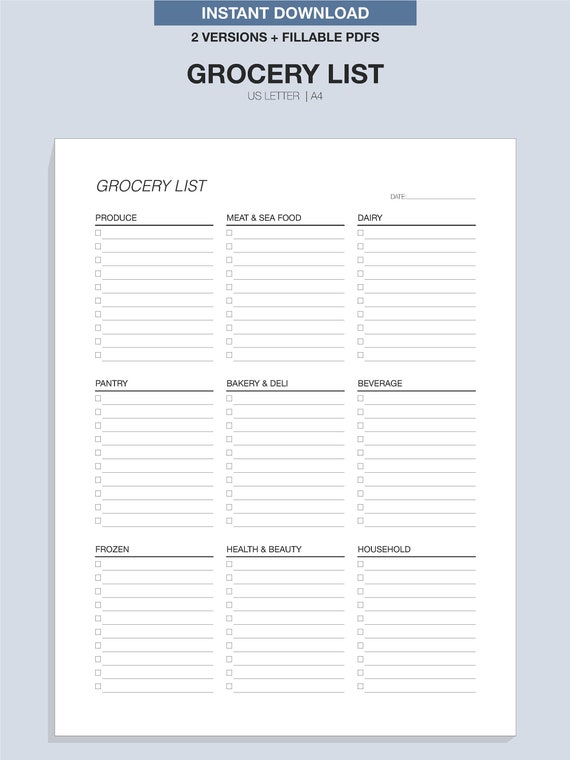 Printable Grocery List Template – Fillable Shopping List PDF for Weekly Meal Planning, Pantry & Produce Sections, Goodnotes + Print