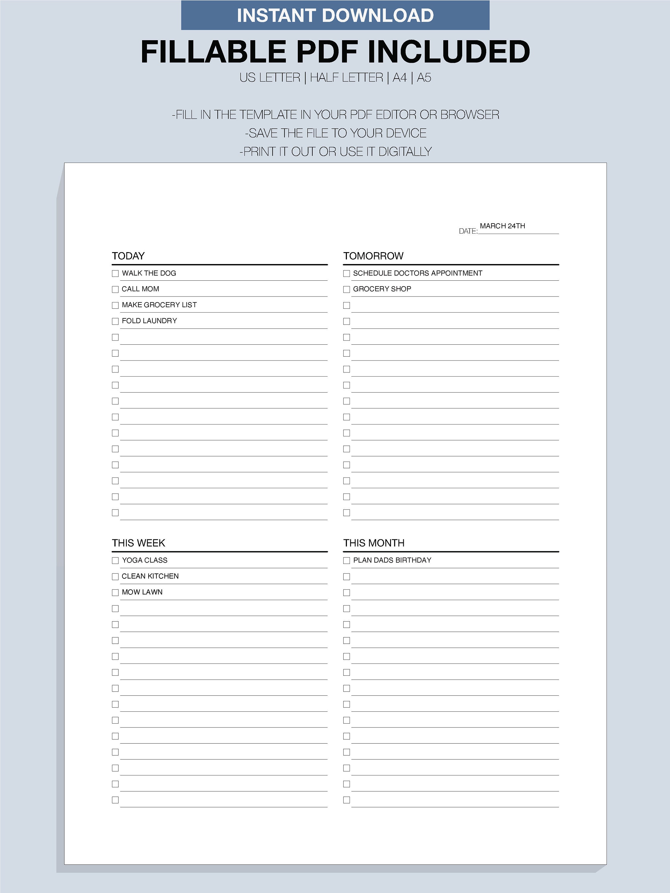 Minimalist Task List Planner, Printable & Fillable PDF, A4 A5 US Letter ...