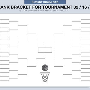 Blank Basketball Tournament Bracket, Printable, Fillable PDF, Single Elimination