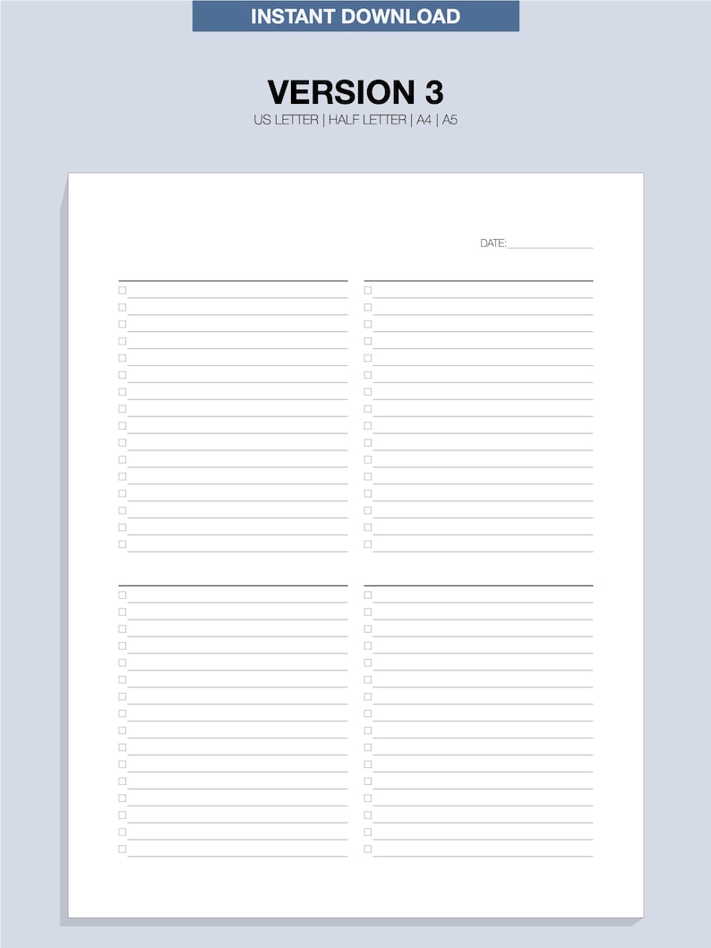 Checklist Rows Blank Checklist Template Printable, A4/a5/letter/half, Instant Download ...