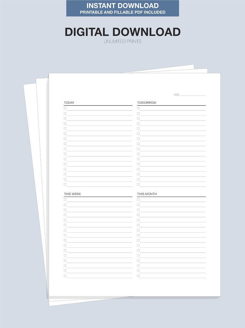 Minimalist Task List Planner, Printable & Fillable PDF, A4 A5 US Letter ...