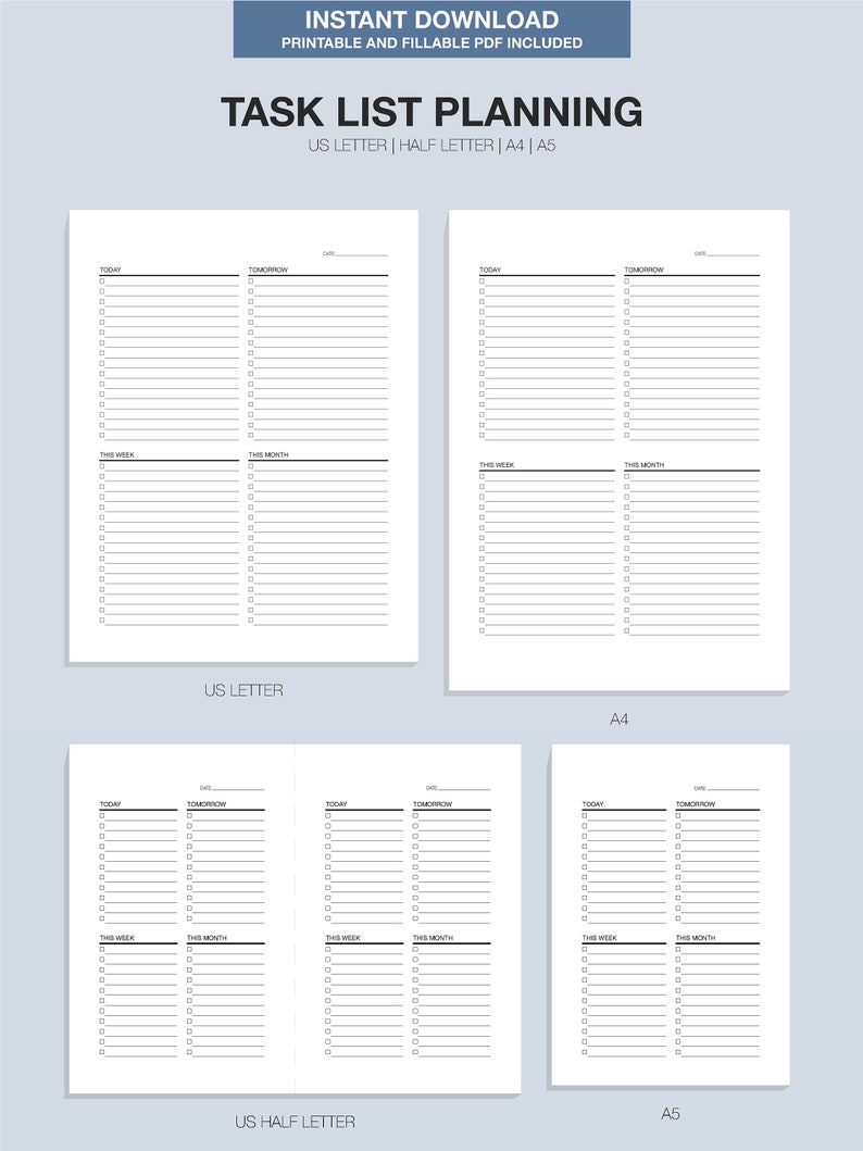 Minimalist Task List Planner, Printable & Fillable PDF, A4 A5 US Letter ...
