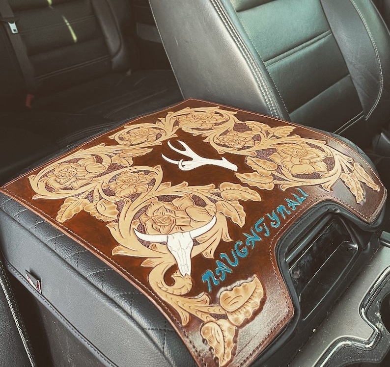 Custom Leather Tooled Center Console Covers Etsy