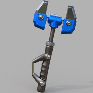 May include: A stylized wrench with a blue and silver head and a dark gray handle. The wrench has a handle with a grip and is designed with bolts and rivets. The background is a solid light gray.