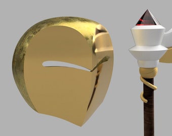 May include: A gold and brown staff with a white and red crystal on top. The staff has a curved handle and a gold ring around the top.