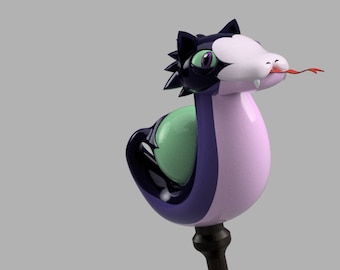 May include: A purple and black snake figurine with a green head and red tongue. The snake is coiled around a black and brown base.