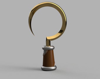 May include: A gold-colored, curved hook with a brown handle and silver accents. The hook is a crescent shape, and the handle has a cylindrical design. The object is set against a neutral gray background.
