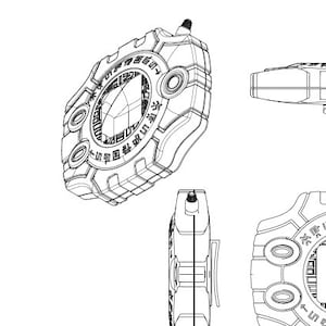 Peut inclure: Un dessin au trait noir et blanc d'une montre numérique avec un écran affichant du texte japonais. La montre a une forme rectangulaire avec un bord arrondi et un bracelet.