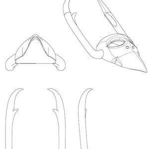 May include: Line drawing of a mask with two long horns. The mask has a pointed beak and intricate details. The mask is viewed from the side and the top.