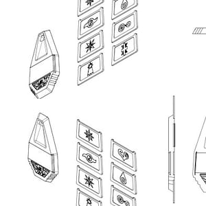 May include: A set of eight black and white keychains with different symbols. The keychains are shaped like a small, flat rectangle with a rounded top and bottom. The symbols include a star, a circle with a dot in the center, a circle with a line through it, a circle with a cross in it, a circle with a swirl in it, a circle with a heart in it, a circle with a crescent moon in it, and a circle with a sun in it.