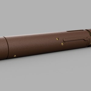 May include: A brown and black cylindrical object with a red light at one end and a black cap at the other end.