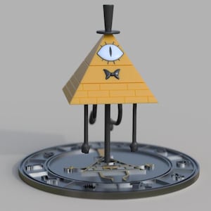 May include: A yellow pyramid with a single eye and a black bow tie, standing on a black and silver circular base with a triangle design. The pyramid is on a gray background.