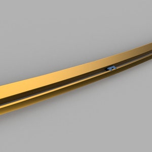 May include: A gold-colored katana sword with a red and blue handle. The blade is sharp and the handle is decorated with intricate details.