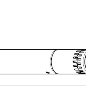 May include: A black and white line drawing of a long, thin, cylindrical object with a pointed end and a series of small holes at the other end. The object is similar in shape to a rocket or a missile.