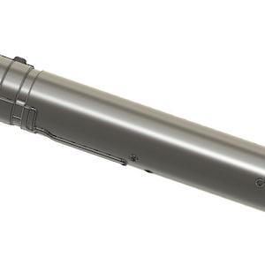 May include: A silver-colored handheld device with a nozzle on one end and a textured ring on the other end.