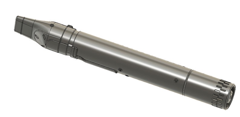 May include: A silver-colored handheld device with a nozzle on one end and a textured ring on the other end.
