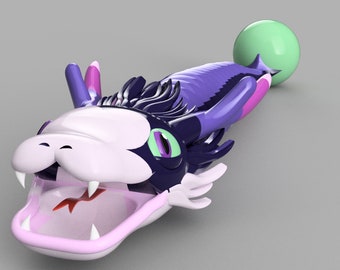 May include: A purple and white inflatable dragon pool float with a green ball attached to the tail. The dragon has a large open mouth with pink teeth and a pink tongue.