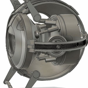 May include: A 3D printed model of a spherical robot with multiple arms and a detailed gear system. The robot is made of a silver-colored material and has a futuristic design.