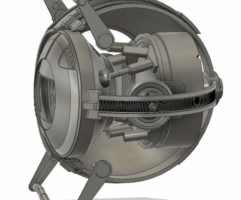May include: A 3D printed model of a spherical robot with multiple arms and a detailed gear system. The robot is made of a silver-colored material and has a futuristic design.