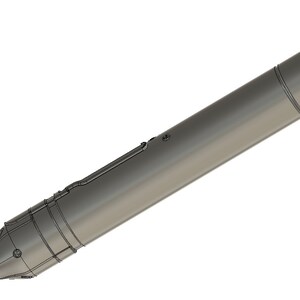 May include: A silver-colored microphone with a cylindrical body and a grill at the end. The microphone has a pointed end and a small hole on the side.