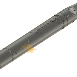 May include: A gray metal object with a cylindrical shape and a rounded end. The object has a series of small holes on the rounded end and a series of small holes on the side. The object has a black plastic cap on the other end.