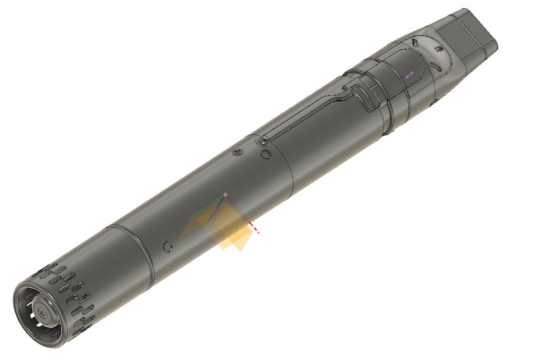 May include: A gray metal object with a cylindrical shape and a rounded end. The object has a series of small holes on the rounded end and a series of small holes on the side. The object has a black plastic cap on the other end.