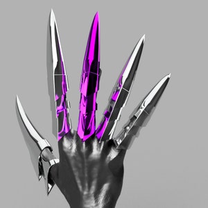 May include: A hand with five silver claws, the middle claw is a bright pink color.