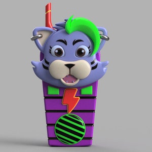 May include: A purple and green walkie talkie with a cartoon cat face on the front. The cat has green hair and a lightning bolt on its chest.