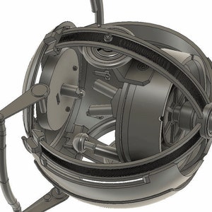 May include: A detailed 3D model of a complex mechanical device with a spherical outer shell and multiple internal gears and levers. The device appears to be made of metal and has a gray color.