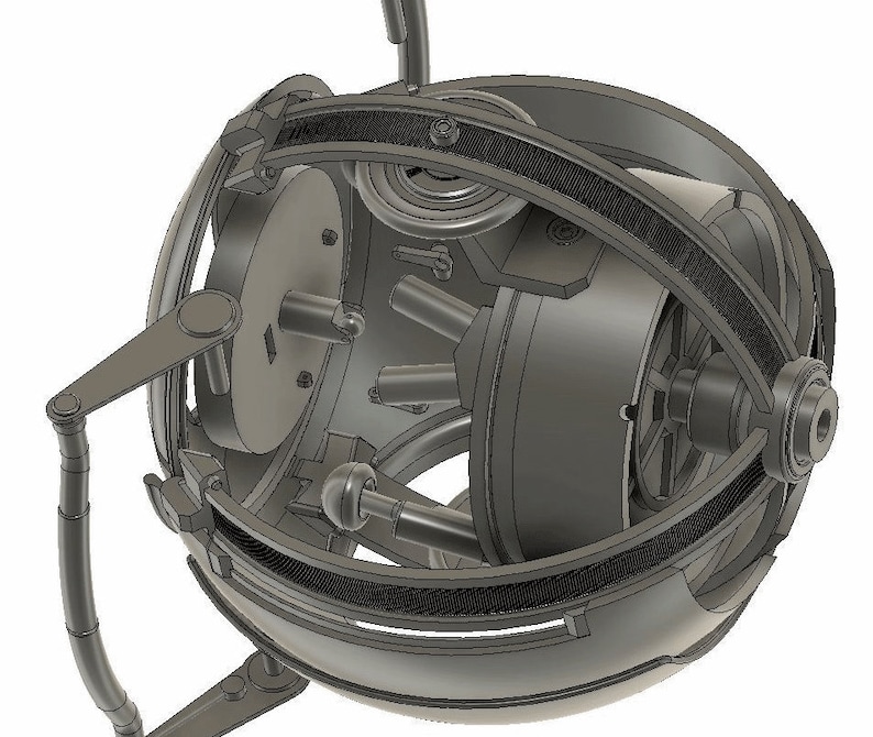 May include: A detailed 3D model of a complex mechanical device with a spherical outer shell and multiple internal gears and levers. The device appears to be made of metal and has a gray color.
