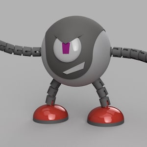 Puede incluir: Una figura de robot esférica con cuerpo gris oscuro, un solo ojo grande con pupila morada y una boca dentada. Presenta brazos articulados de color gris oscuro que terminan en manos rojas tipo pinza y dos piernas con pies rojos brillantes.