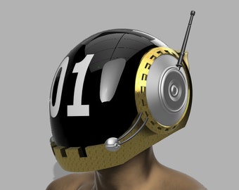 May include: A black helmet with a gold trim and a white number "01" on the front. The helmet has a silver speaker on the side and a black antenna on top.