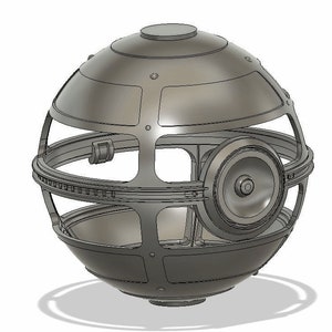 May include: A 3D model of a spherical object with a cage-like structure and a circular opening on one side. The object is made of metal and has a grey finish.