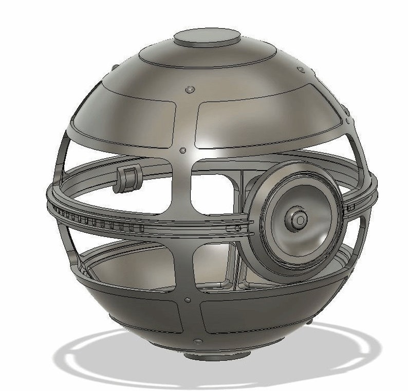 May include: A 3D model of a spherical object with a cage-like structure and a circular opening on one side. The object is made of metal and has a grey finish.