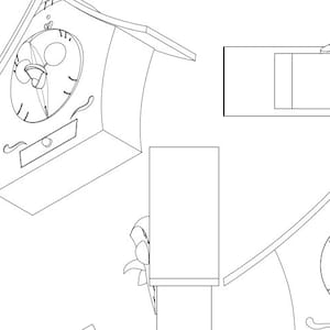 Può includere: Un disegno in bianco e nero di un orologio a cucù con un uccello in cima. L'orologio ha la forma di una casa con un tetto a punta. Il quadrante dell'orologio è rotondo e ha numeri romani. L'uccello è appollaiato sul tetto della casa e guarda il quadrante dell'orologio.