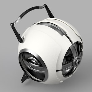 May include: A white spherical robot with a black handle and silver accents. The robot has a segmented design and appears to have wheels.