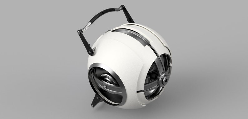 May include: A white spherical robot with a black handle and silver accents. The robot has a segmented design and appears to have wheels.