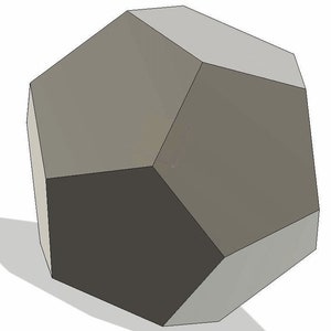 Peut inclure: Une forme géométrique tridimensionnelle grise avec de nombreux côtés et arêtes. La forme est un dodécaèdre.