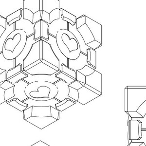 Peut inclure: Un dessin au trait noir et blanc d'une forme géométrique avec trois cœurs au centre. La forme est composée de plusieurs cubes et a un effet 3D.