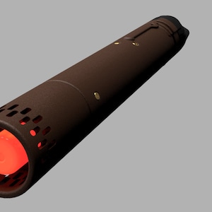 May include: A brown cylindrical object with a red glowing tip and a series of holes around the tip. The object has a textured surface and a small gold detail near the top.