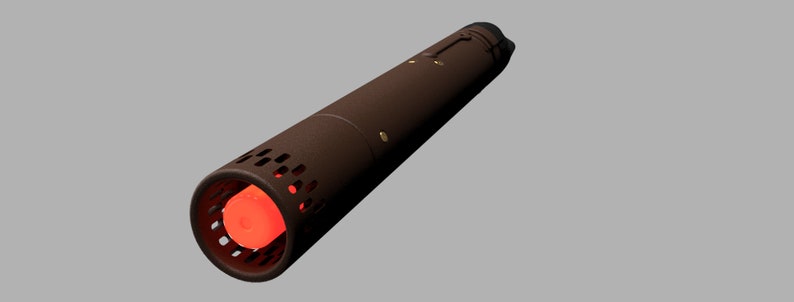 May include: A brown cylindrical object with a red glowing tip and a series of holes around the tip. The object has a textured surface and a small gold detail near the top.