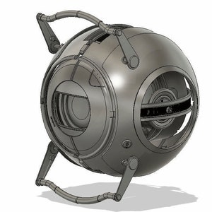 May include: A silver, spherical robot with two articulated arms. The robot has a large, circular eye and a smaller, circular opening on the side.