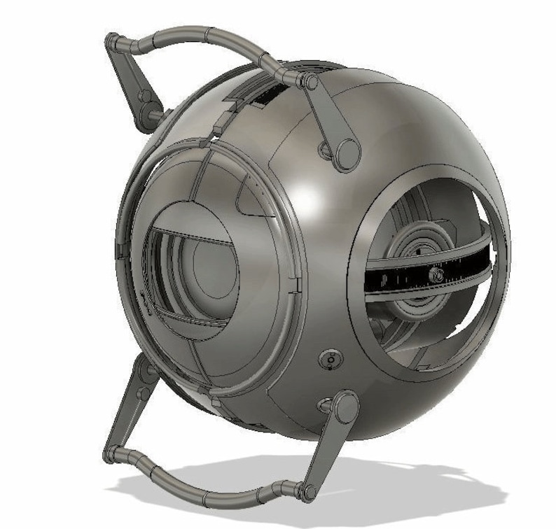 May include: A silver, spherical robot with two articulated arms. The robot has a large, circular eye and a smaller, circular opening on the side.